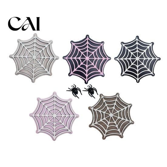 Boho Style Coffee Table Decor Halloween Spider Web Wooden Coaster, Anti-Slip Wood Cup Mat with Figurine, Heat Resistant Drink Coasters