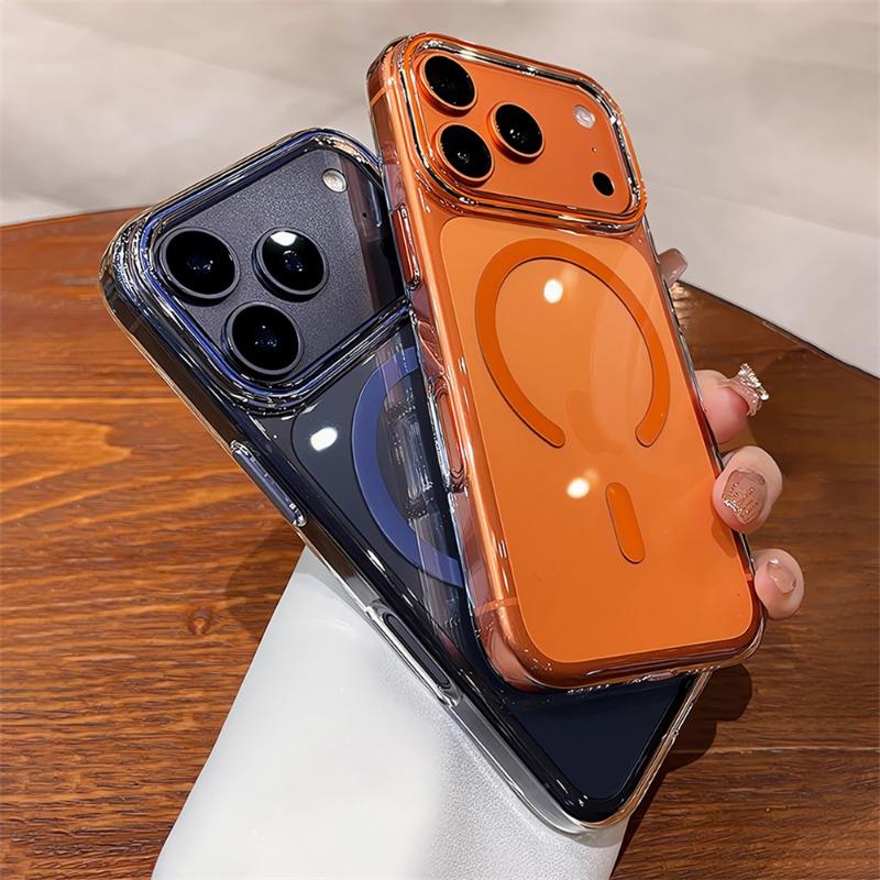 Прозрачный чехол для телефона для iPhone 17 16 15 14 13 Pro Max Plus 17 Air 16e Прозрачный для Magsafe Магнитный Беспроводной Металлический Чехол для Кнопок