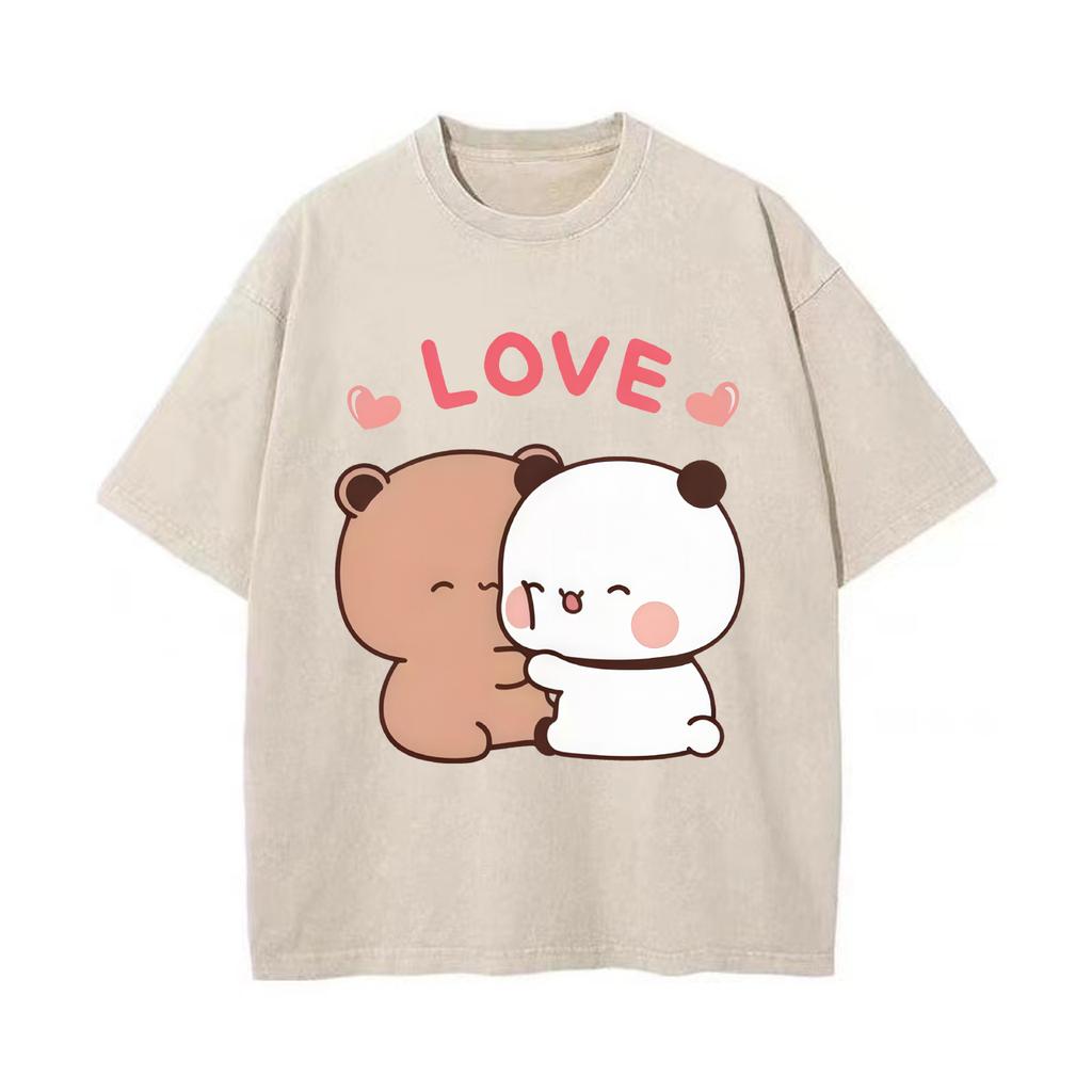 Bubu Dudu Kawaii Clothing Women Couple T-shirt Retro Washed Vintage Panda Bear Cute Cartoon Women T-shirt
