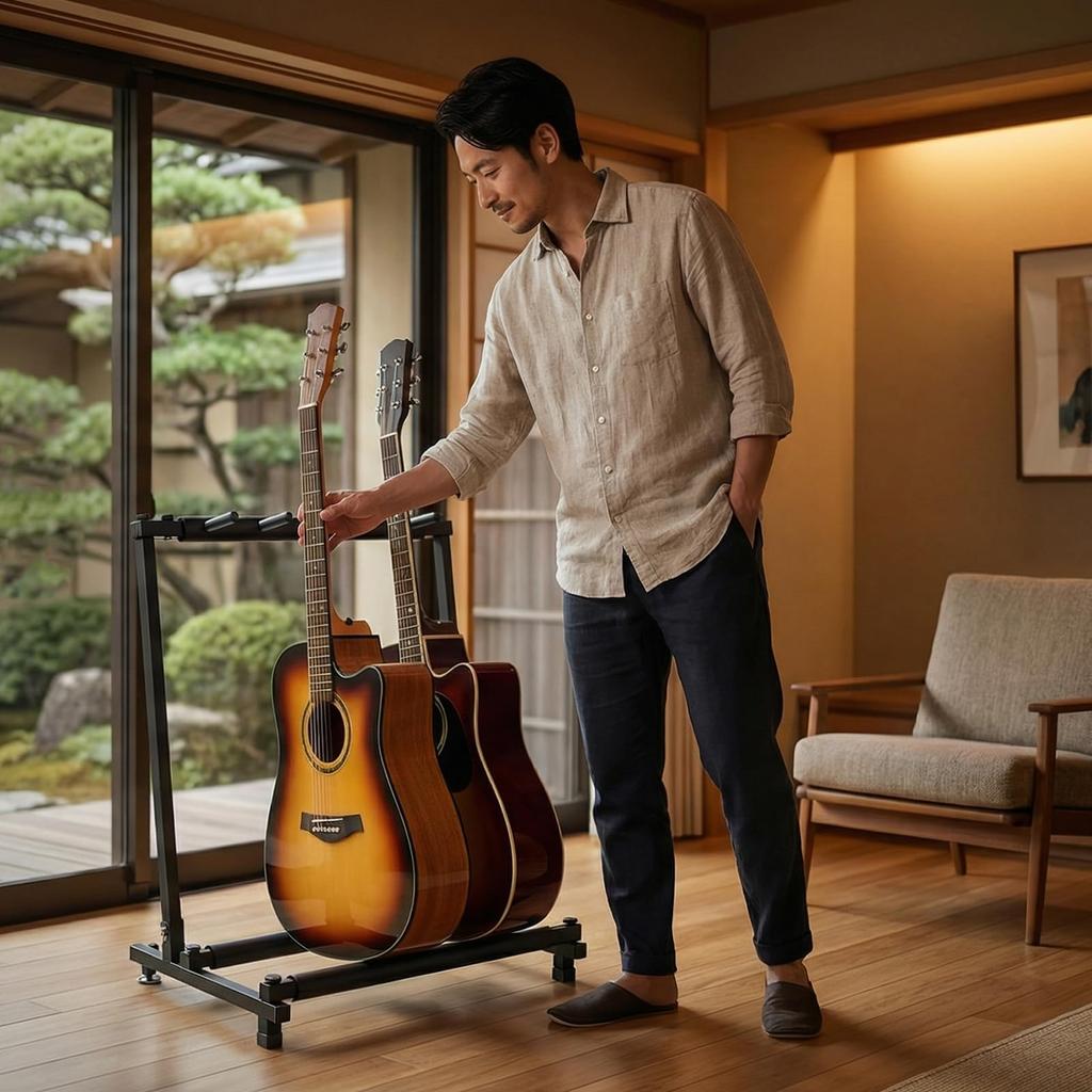 Foldable guitar stand for 3 with rubber and scratch Compact design suitable for and wind instruments, anti-tip protection. guitar, bass, ukulele,