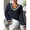 Autumn and Winter Women's Color Contrast Stitching V-neck Long Sleeve Beaded Casual Sweater