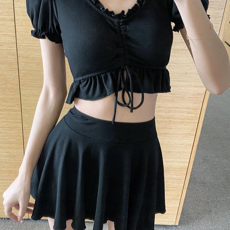 Новый корейский стиль, черные летние купальники для девочек, облегающий тонкий пляжный купальник с высокой талией, сексуальный костюм