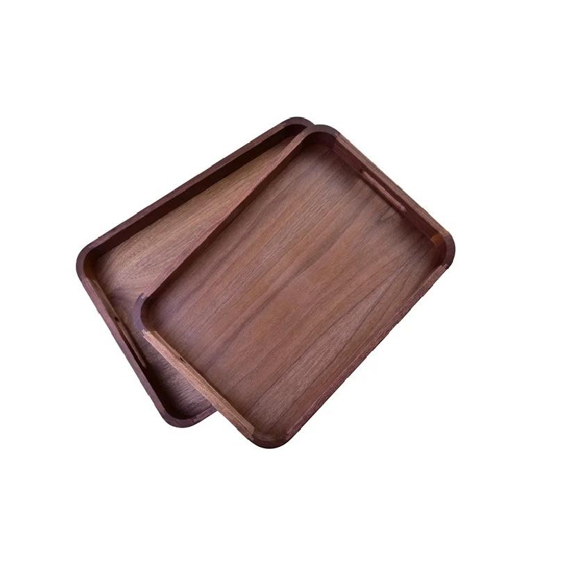 HeMu Rectangular Walnut Wood Serving Tray with Handles - Handcrafted Solid Wood Platter for Breakfast, Coffee & Kitchen Storage