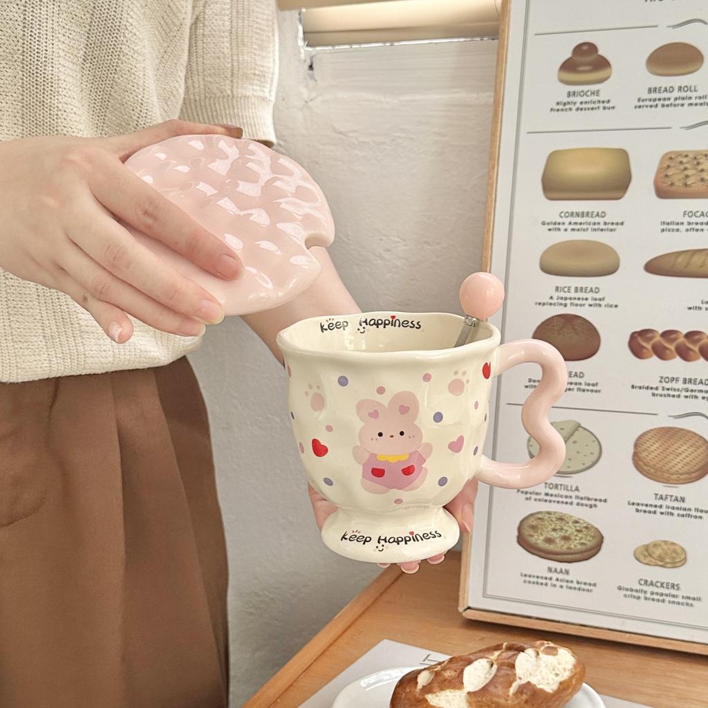 Милая мультяшная кружка для воды с принтом в горошек и щенками, керамическая кружка высокой ценности с крышкой и ложкой, в подарок девочкам на день рождения