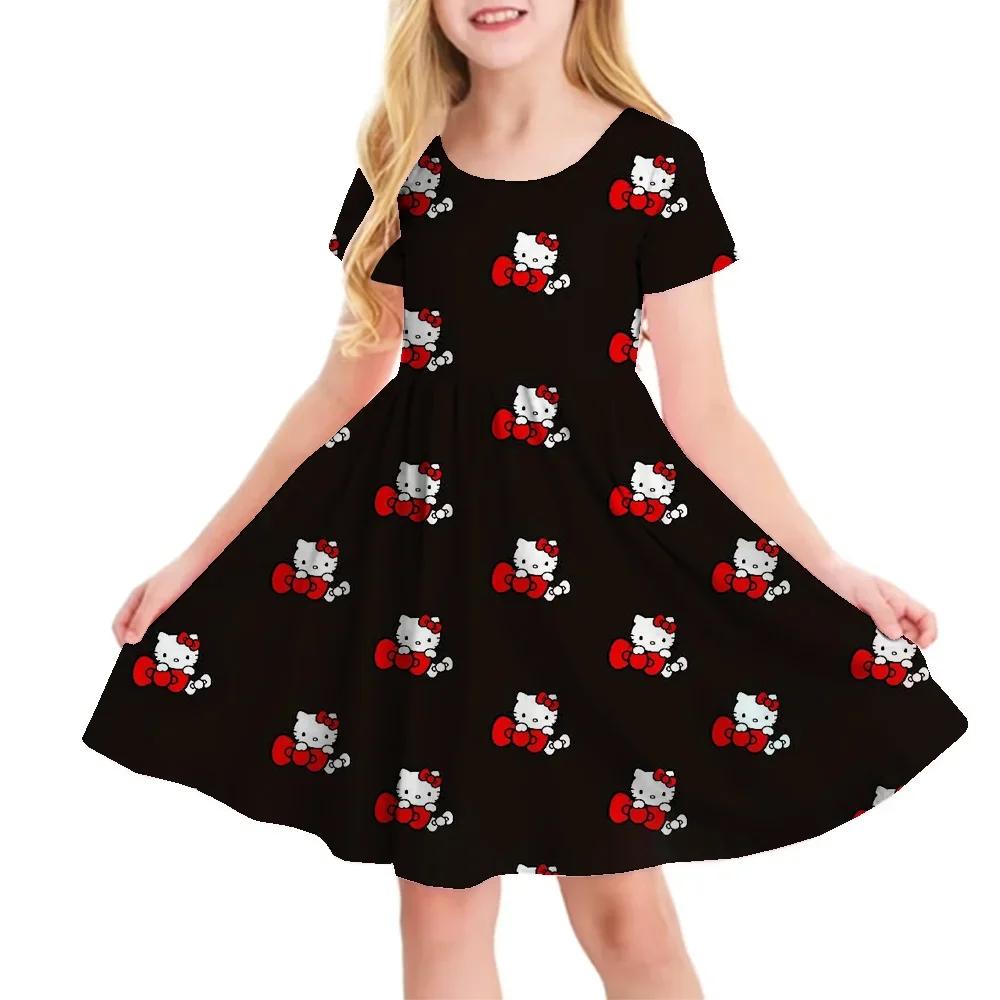 Sanrio Новое Летнее Платье для Девочек Модное Мультяшное Милое Киннаморолл и Хелло Китти Платье с 3D-печатью Детская Одежда с Коротким Рукавом Принцессы