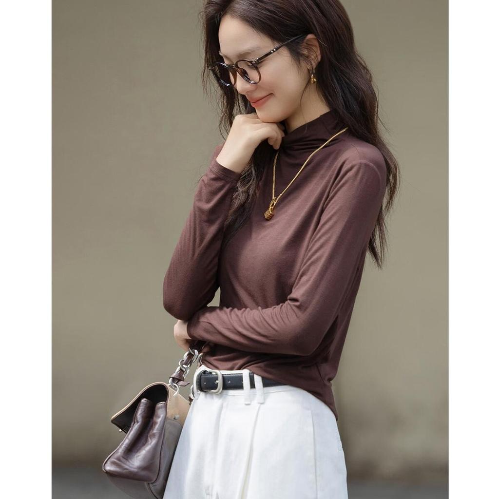 Dme Warm Ginger Fleece Autumn New Slim Fit Thin Half Turtleneck Long Sleeve Women's Base Shirt