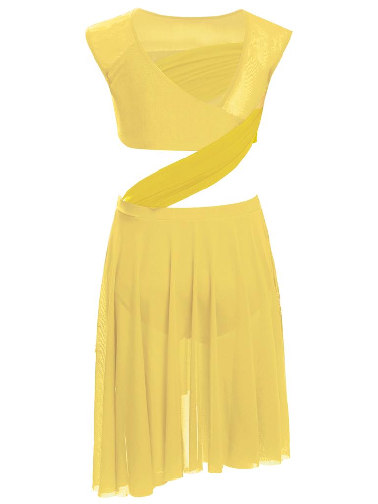 Платье для лирического танца для девочек, цельное, без рукавов, с прозрачной сетчатой вставкой, лоскутное, с асимметричным подолом, костюм для выступления