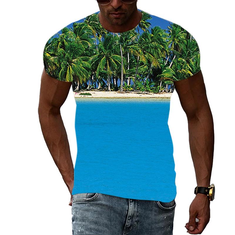 Летние удобные мужские футболки с принтом природного пейзажа, модные футболки с графическим принтом пейзажа, футболки с коротким рукавом и рисунком пляжа и моря, топы