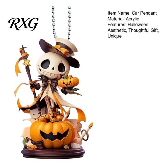 Acrylic Skeleton Auto Pendant Halloween Car Rearview Mirror Charm, 2D Flat Hanging Pumpkin Interior Decorations Pendant, Spooky Skull Ghost