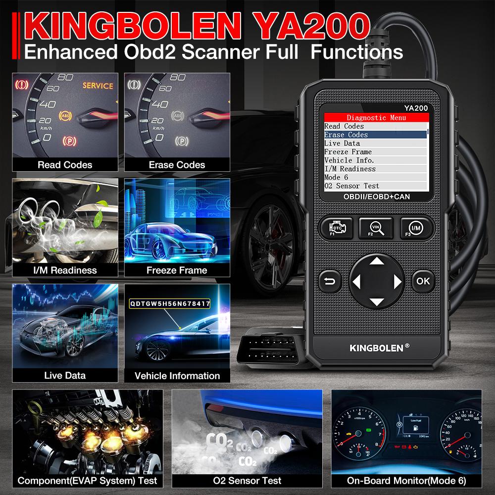 KINGBOLEN YA200 OBD2 Сканер Многоязычный Автомобильный Диагностический Инструмент для Чтения Кодов Ошибок Двигателя Поиск DTC Проверка Напряжения Бесплатное Обновление на Всю Жизнь