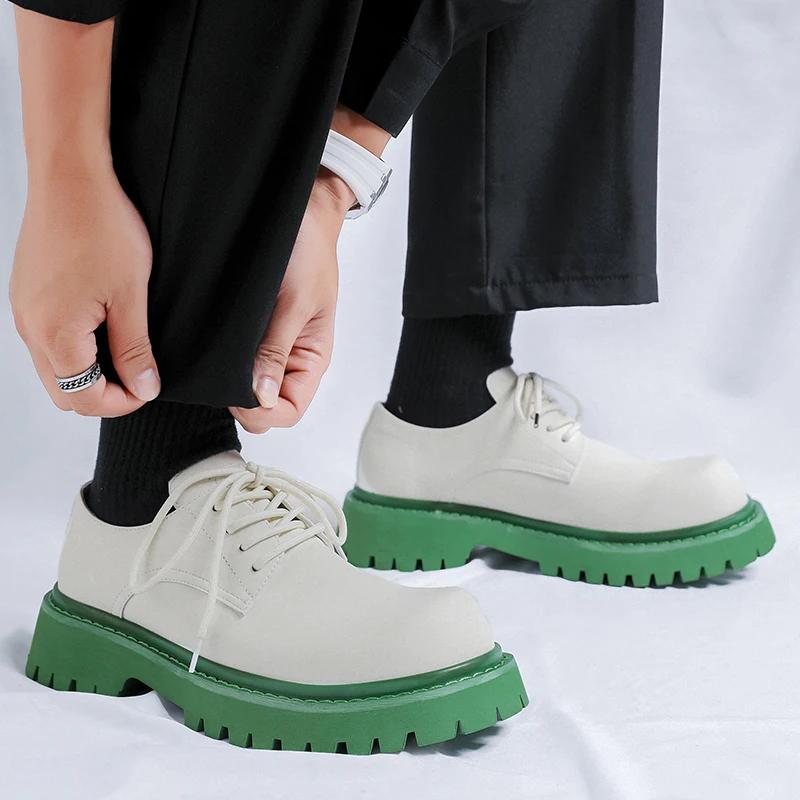 Модные брендовые мужские туфли-оксфорды на шнуровке, толстая подошва, деловые свадебные туфли с круглым носком, зеленая подошва, платформа, британская повседневная обувь для отдыха на открытом воздухе