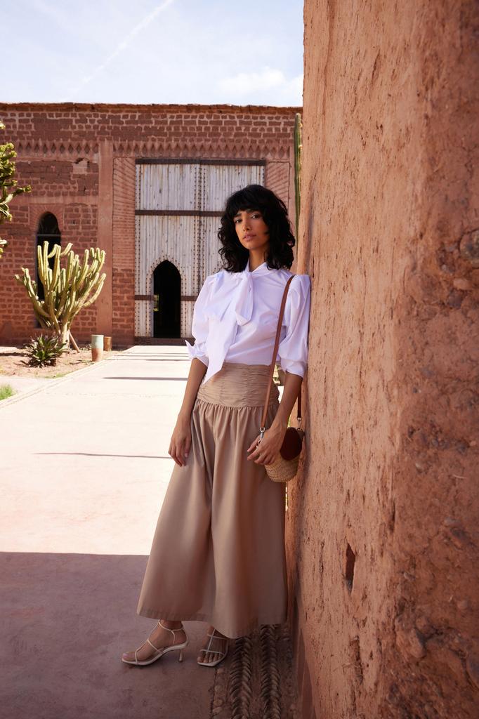 Women's Fashion Ecru Lined Polka Dot Pleated Woven Skirt