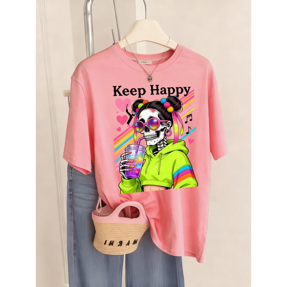 Keep Happy Colorful Drinks Skulls Print Women T Shirt Breathable O-Neck T-Shirt Sport Summer Clothes Multicolor Short Sleeve