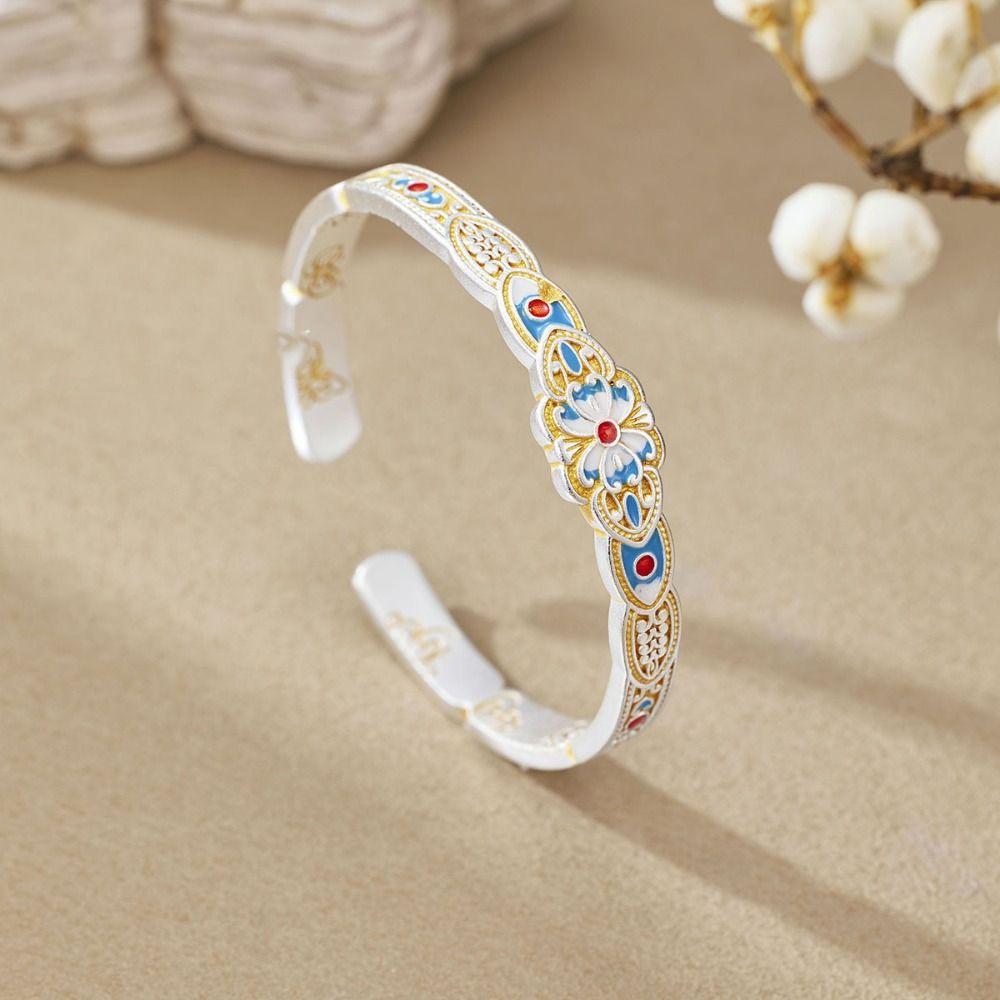 Цветок Эмаль Лотос Ручной Браслет Ручные Украшения Ретро Открывающееся Ручное Кольцо Студент