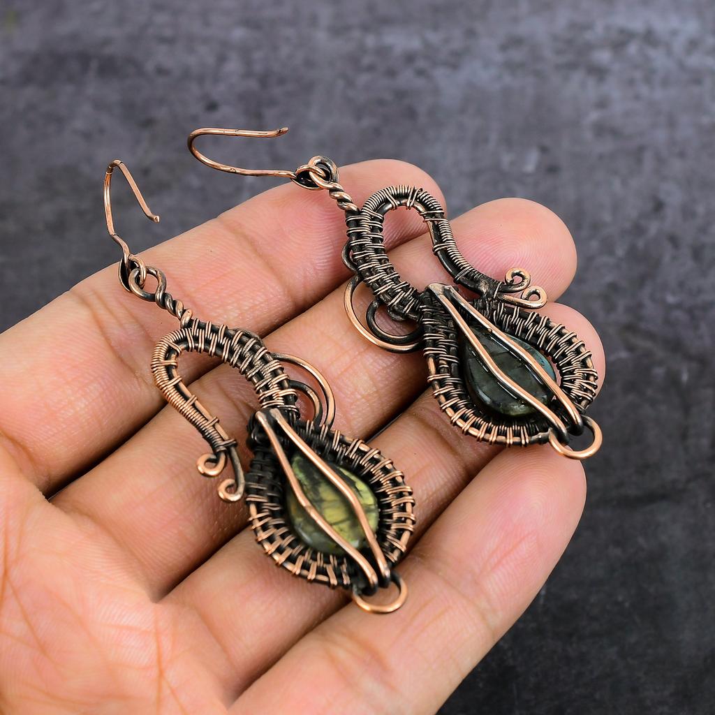 Лабрадорит Ручная работа Медная проволока Оплетка Ювелирное изделие Серьга 2,99" K3G87
