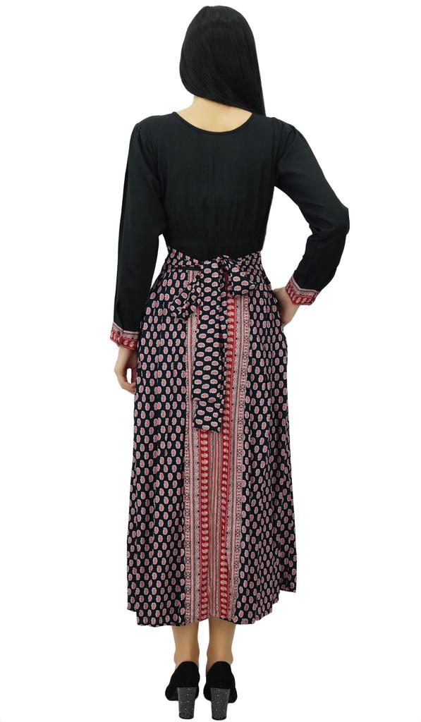 Bimba Женское длинное платье макси с цветочным принтом в стиле ретро и поясом с длинными рукавами