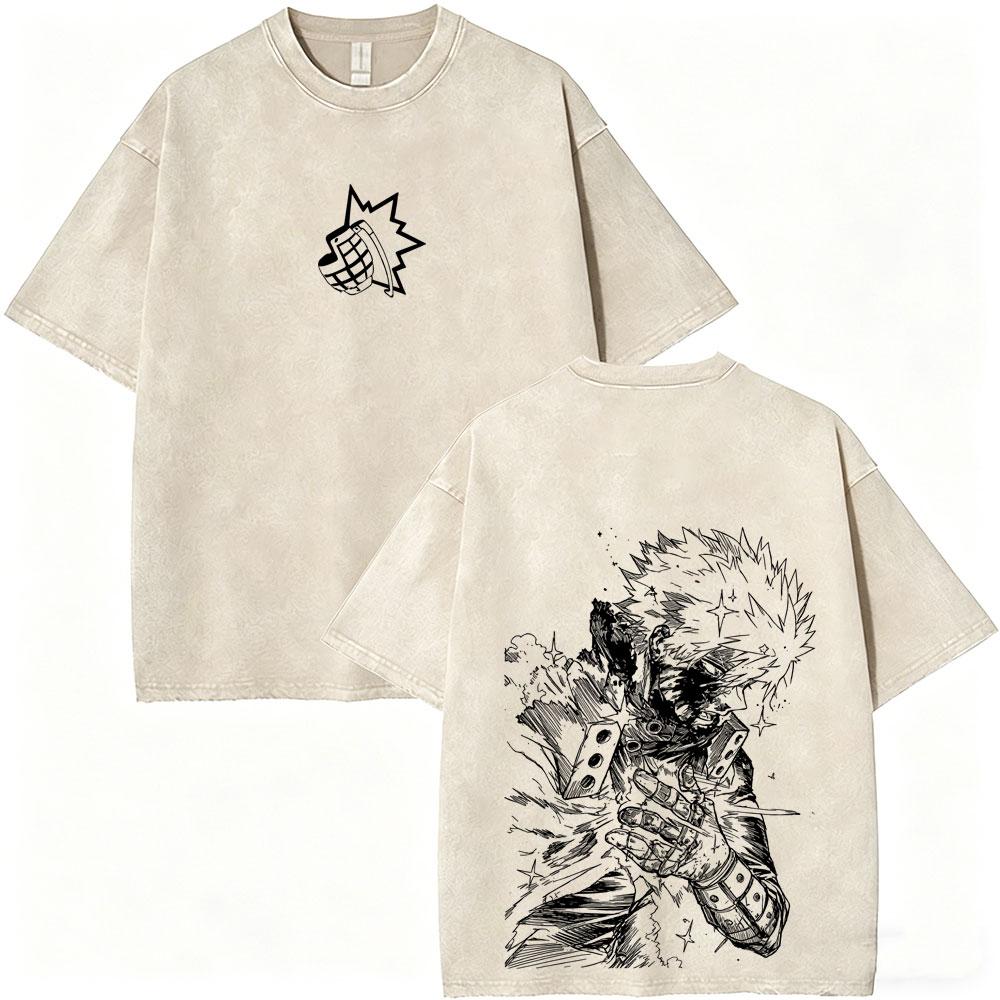 Anime My Hero Academia All Might Vintage Washed Tshirt Cartoon Midoriya Izuku Graphic T Shirts Men Manga Casual Retro Tshirts