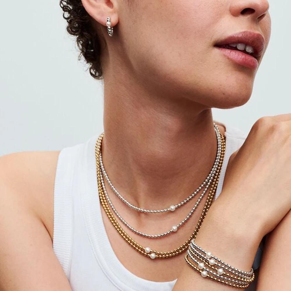 925 Sterling Silver Pearl Shiny Bead Jewelry Set Bracelet Earring Necklace for Women Exquisite Simple Stackable Jewelry Gift