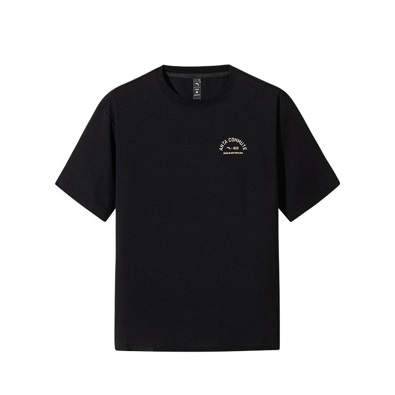 Anta Удобная простая свободная футболка с буквенным принтом, дышащая, с заниженной линией плеч, с коротким рукавом, унисекс, футболки, черная 152527123-4