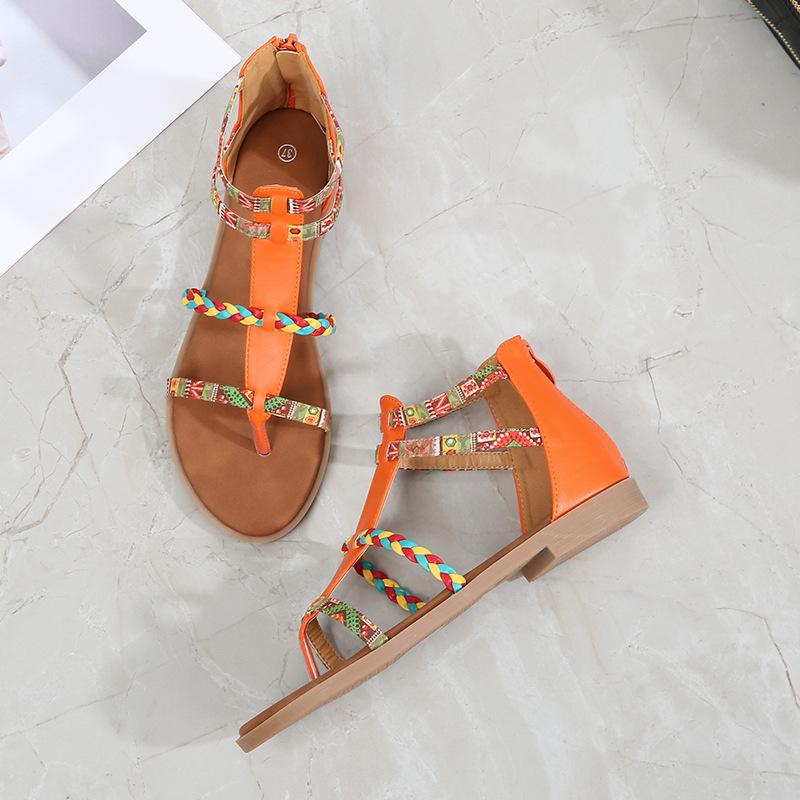 2025 New Summer Bohemian Ethnic Style Colorful Splicing Roman Women's Large Size Flat Sandals 41--43