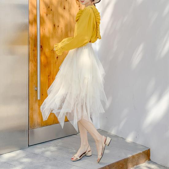 Женская юбка Эластичная Высокая талия Неровный Многослойный Подол Midi Юбка Блестящие Стразы Декор Стройнящая Вечеринка Юбка Повседневная