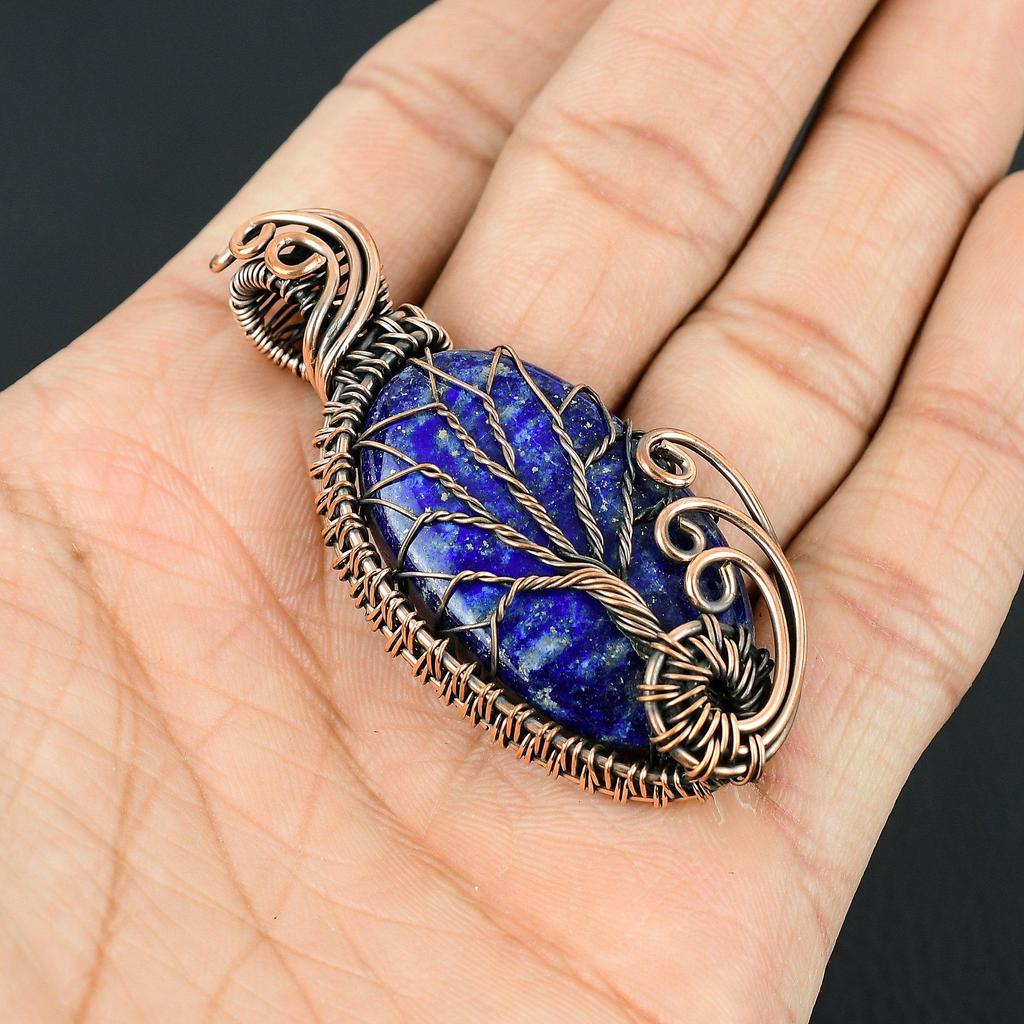 Tree Of Life Lapis Lazuli Gemstone Pure Copper Wire Wrap Handmade Unique Jewelry Pendant