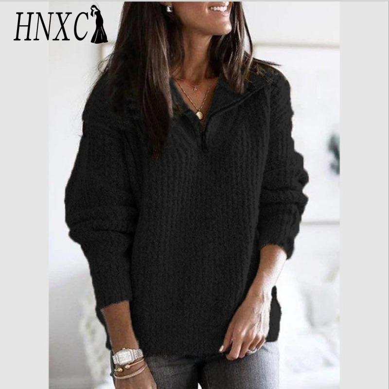 HNXC Женская мода, повседневный однотонный принт, осень-зима, свободные свитера с длинным рукавом и воротником-молнией