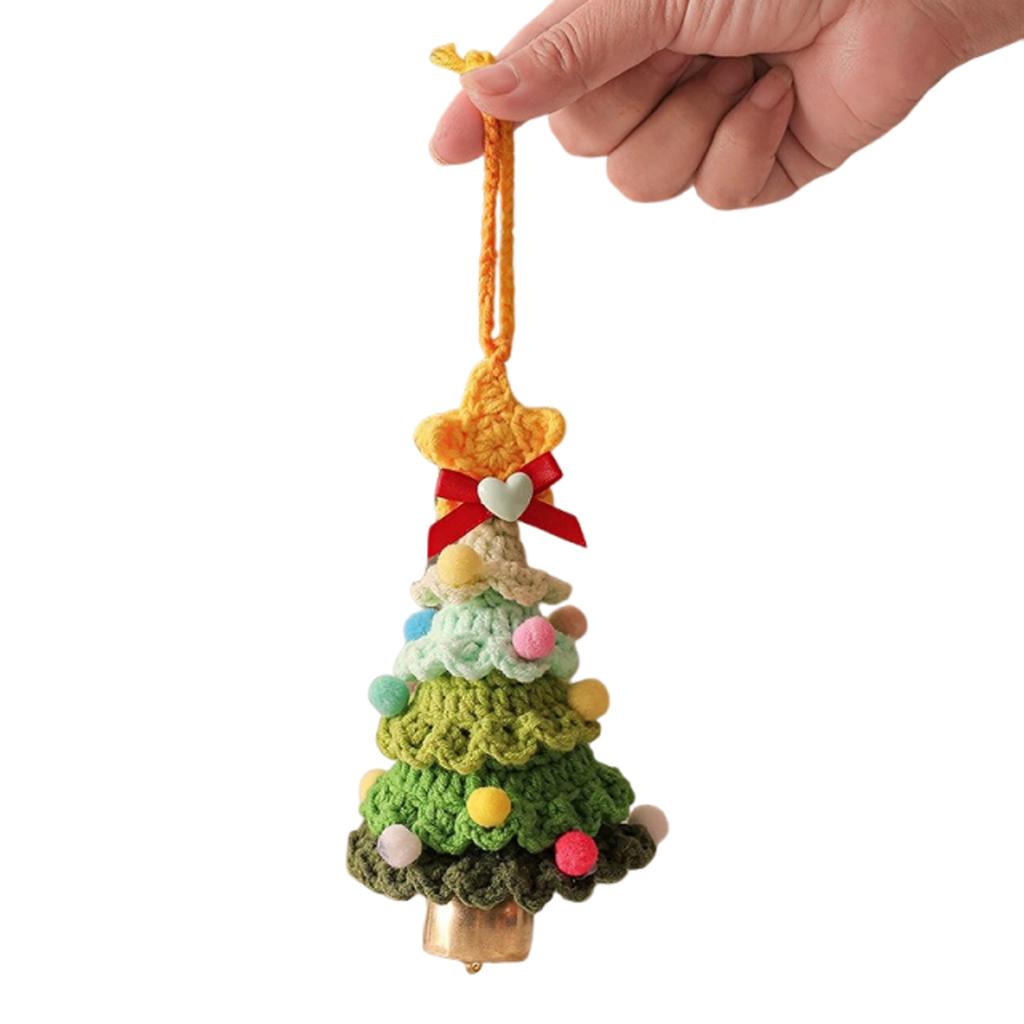 Knitted Plush Christmas Tree with Jingle Bell Handmade Crochet Christmas Hanging Pendant Wool Xmas Tree for New Year Party Decor