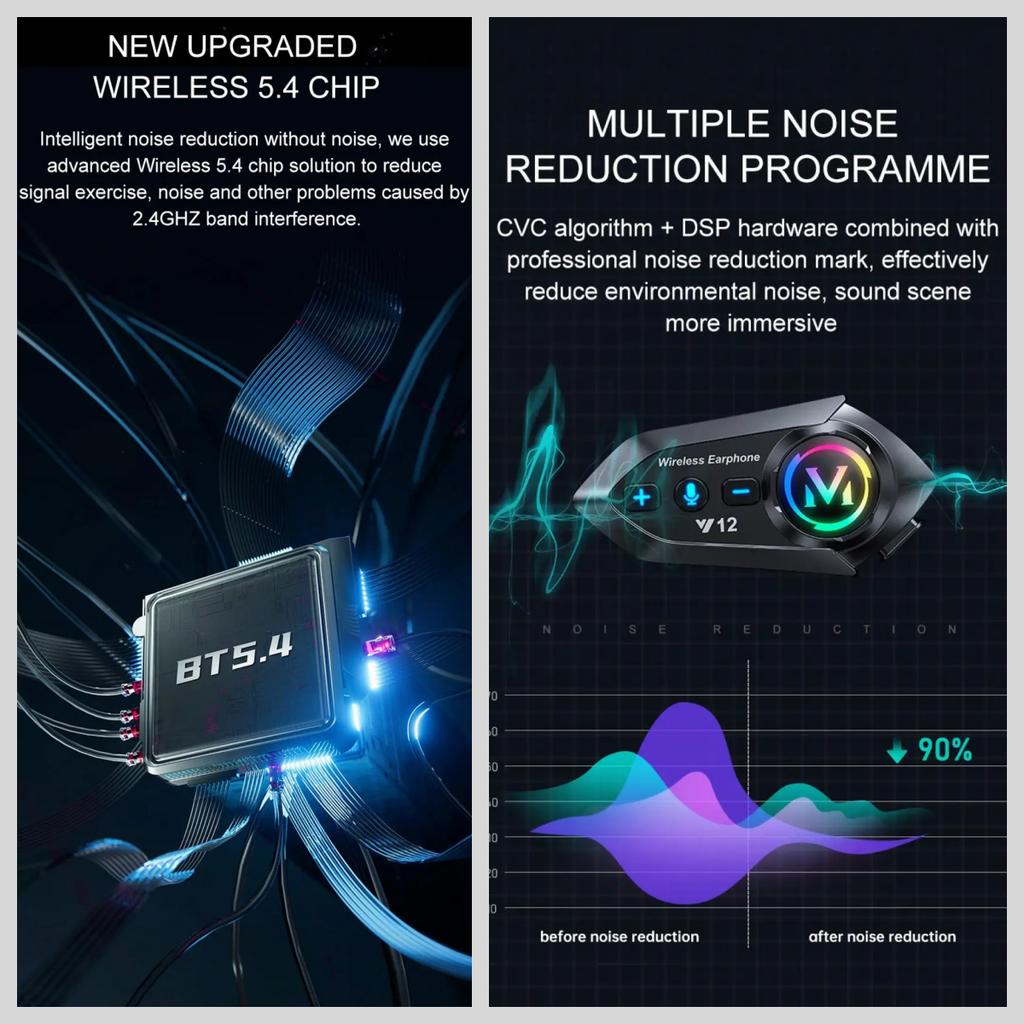 Y12 500M Two Rider Wireless Bluetooth 5.4 Motorcycle Helmet Headphone IPX6 Waterproof 800mAh Noise Canceling RGB Color FM Radio Headset