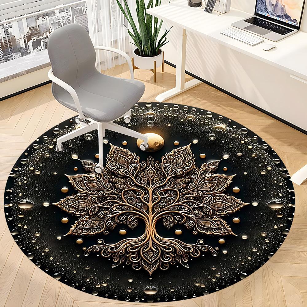 1pc Golden Mandala Life Tree Office Round Area Rug, Mat Suitable For Office, Under Office Chairs Bedroom Living Room Home Decor, Room Deco