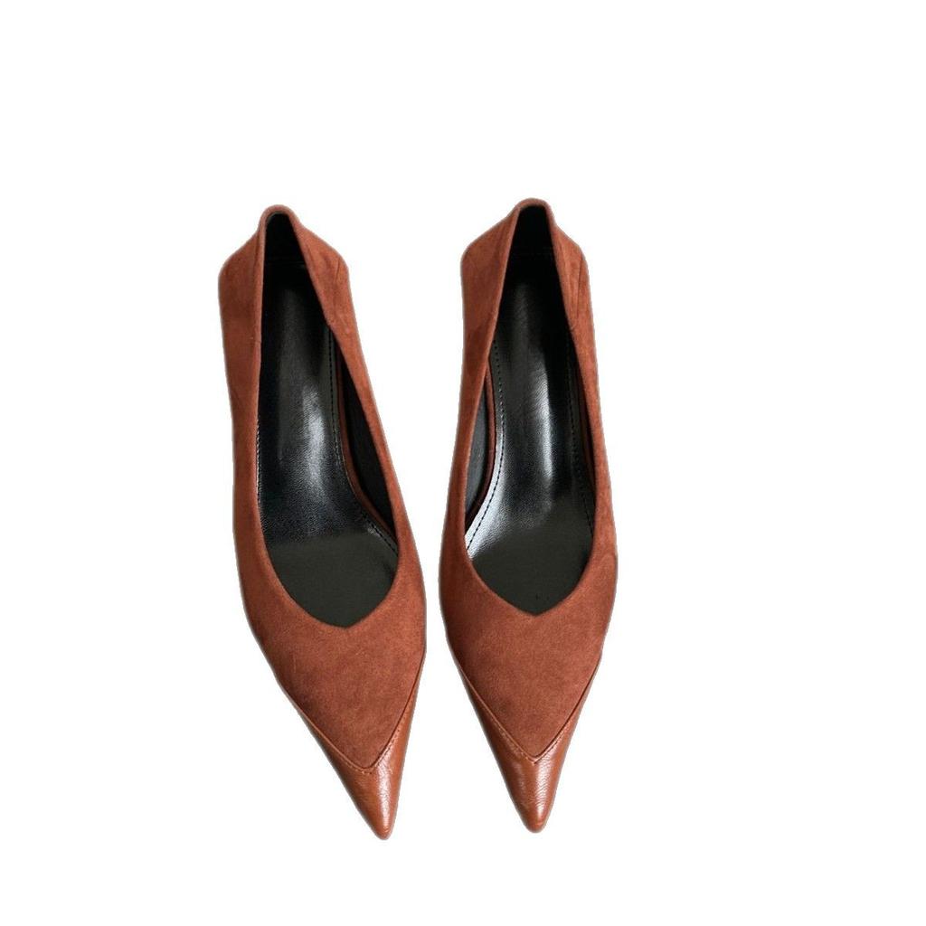 Retro Pointed Single Shoes Women's Outer Wear High-end Suede Korean Version High Heels Women's Thin Heels French Splicing Soft Leather Women's Shoes