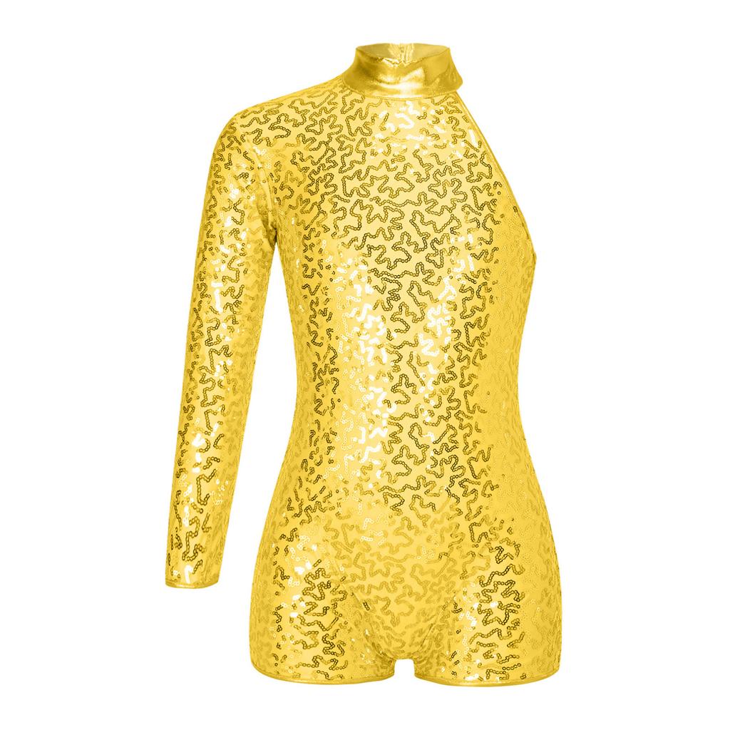Kids Girls Sequins Single Long Sleeves Ballet Gymnastic Leotard Biketard Unitard Jazz Latin Dance Bodysuit Dancewear