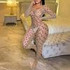 New Sexy Crotchless Lingerie Women Backless Cutout Bra Set Mesh See Through Bodystocking Full Sleeve Leopard Print Underwear SetGood product