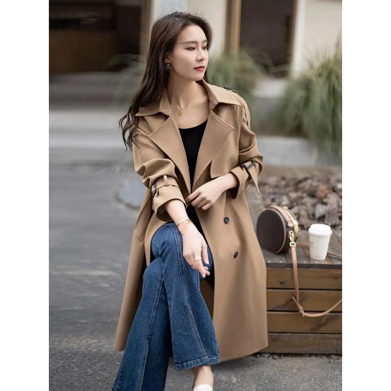 Ветровка выше колена женская весна и осень новый стиль двубортное пальто средней длины свободного покроя корейский стиль