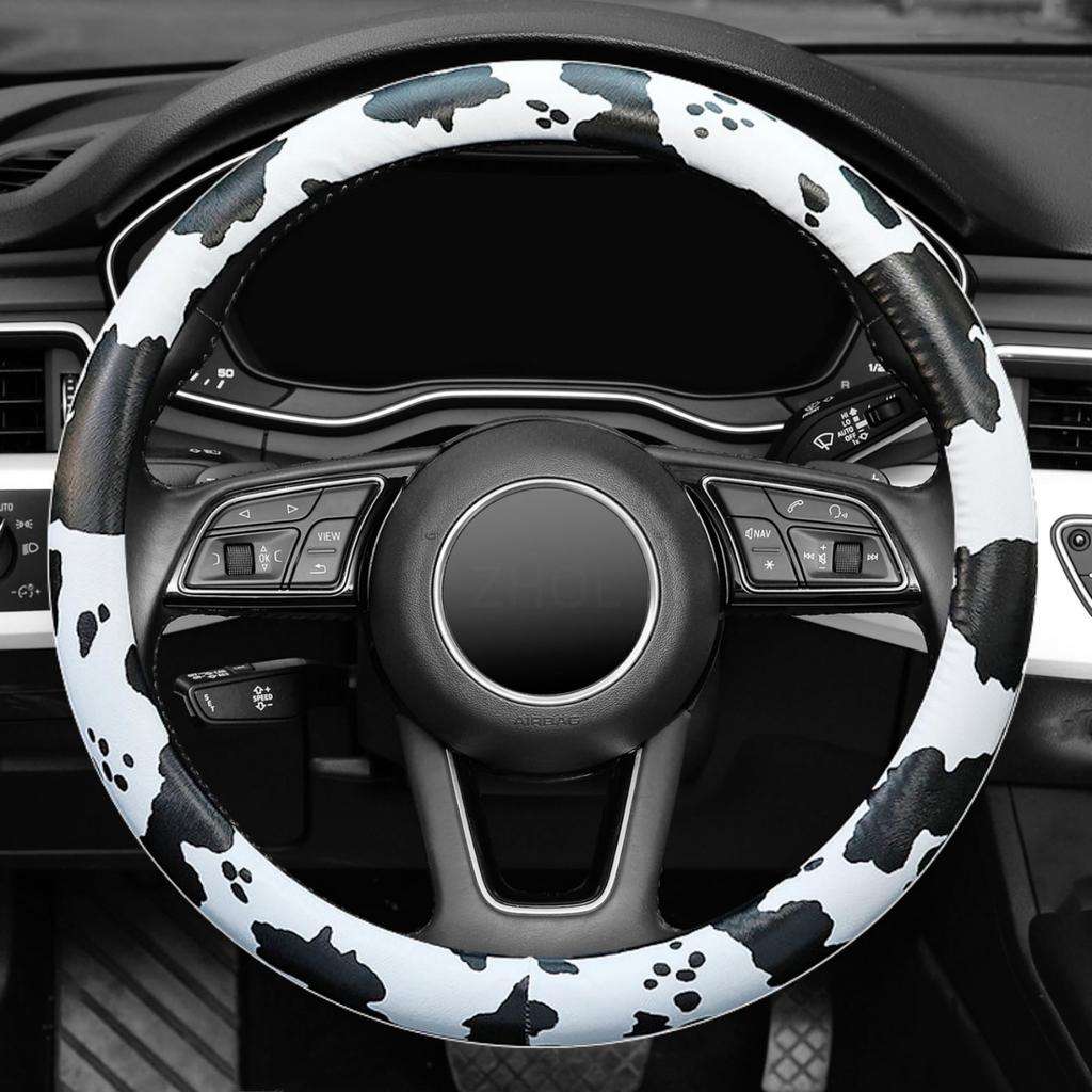 Cow Pattern Steering Wheel Cover, Universal 15 Inch Breathable Microfiber Leather Car Steering Wheel