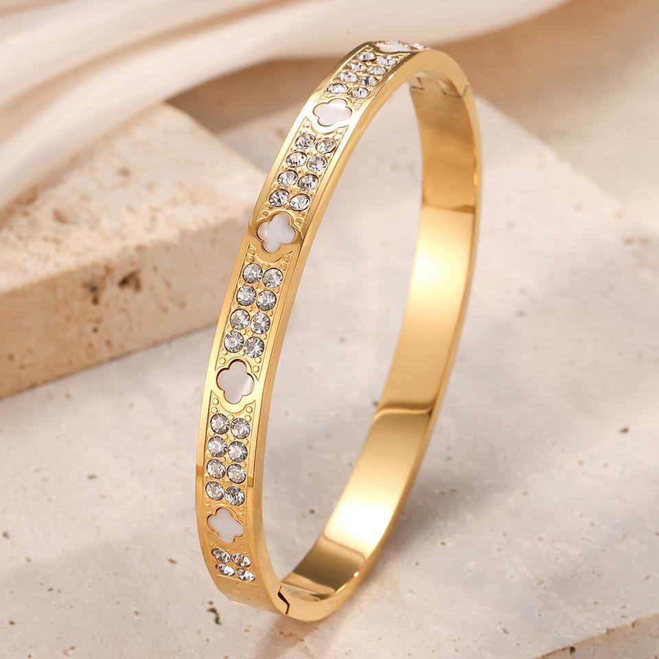 Htpwe Stainless Steel Four-leaf Clover Shell Inlaid Zirconium Bracelet Women's Plated 18k Gold Couple Holiday Bracelet Zircon