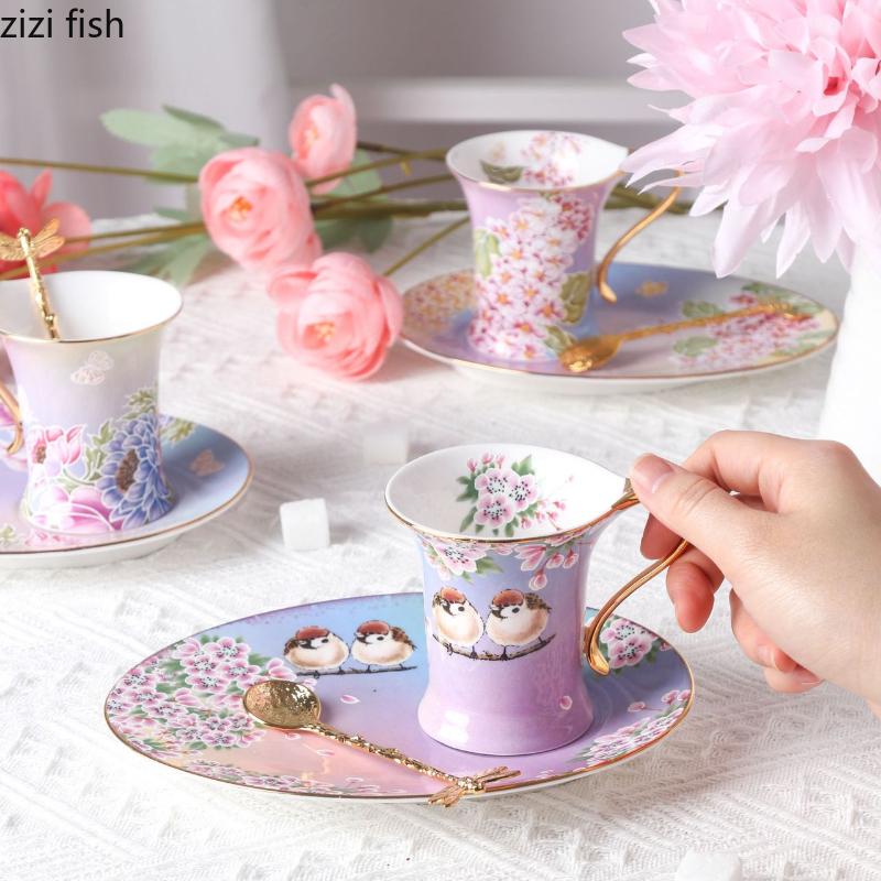 Керамическая кружка с цветком и птицей, кофейная чашка с блюдцем, чашки для завтрака, десертная тарелка, чайные чашки с цветком, чашка для воды, кружка для послеобеденного чая