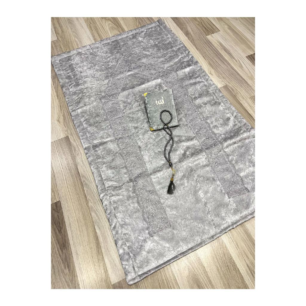 3 Piece French Guipure Embroidered Velvet Dowry Bridal Set Prayer Rug