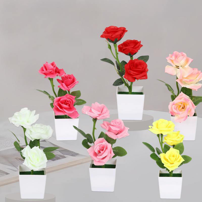 3 Head Artificial Rose Flower Bonsai Fake Plants Plastic Potted Plant Home Desktop Artificial Decor Living Room Ornament
