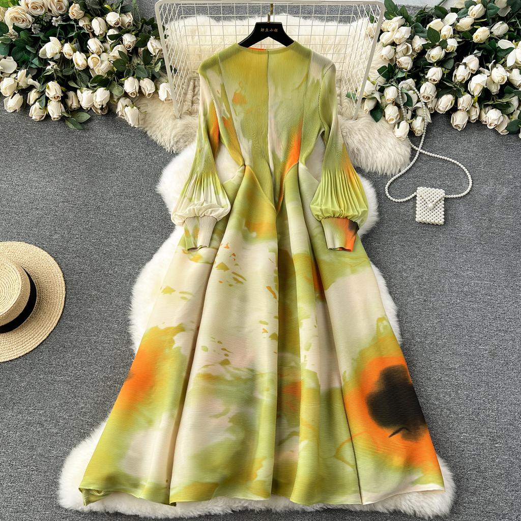 French Senior Temperament Luxury Dress Ladies 2024 Newest O-Neck Ruched Print Tie Dye Design Fashion Chic Long Dress