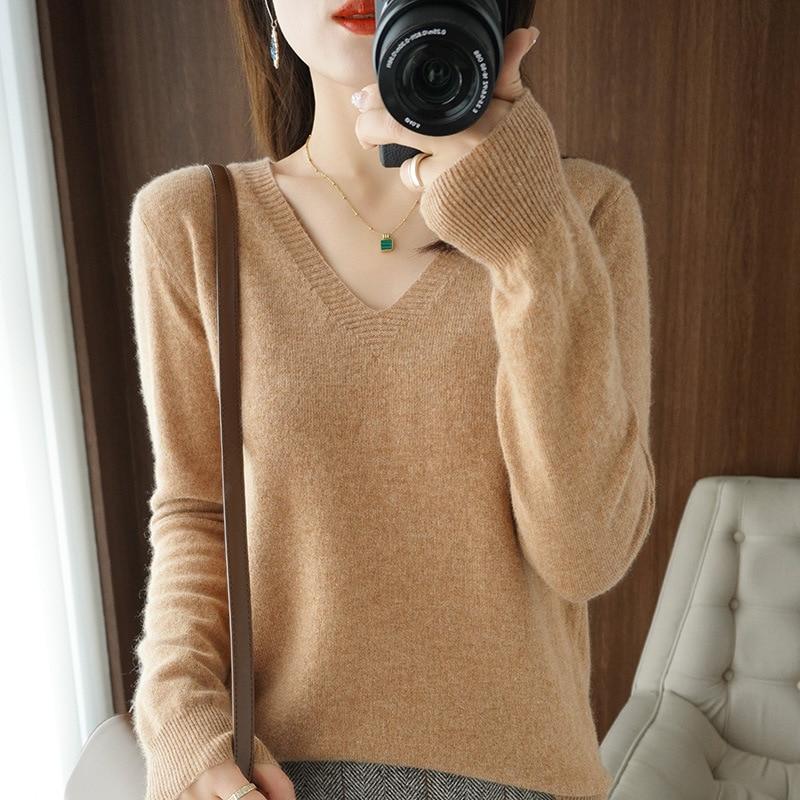 Women's Sweater Autumn Winter Knitted Pullovers V-neck Slim Fit Bottoming Shirt Solid Soft Knitwear Jumpers Basic Sweaters