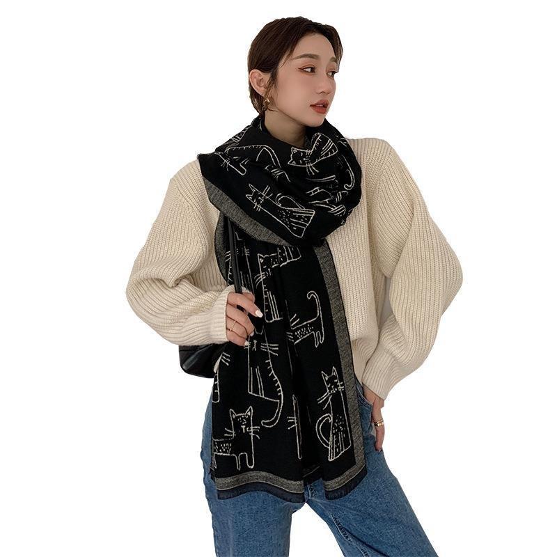 New Thick Fringed Scarf Female Cat Print Imitation Cashmere Summer Air Conditioner Shawl Autumn and Winter Cold Scarf
