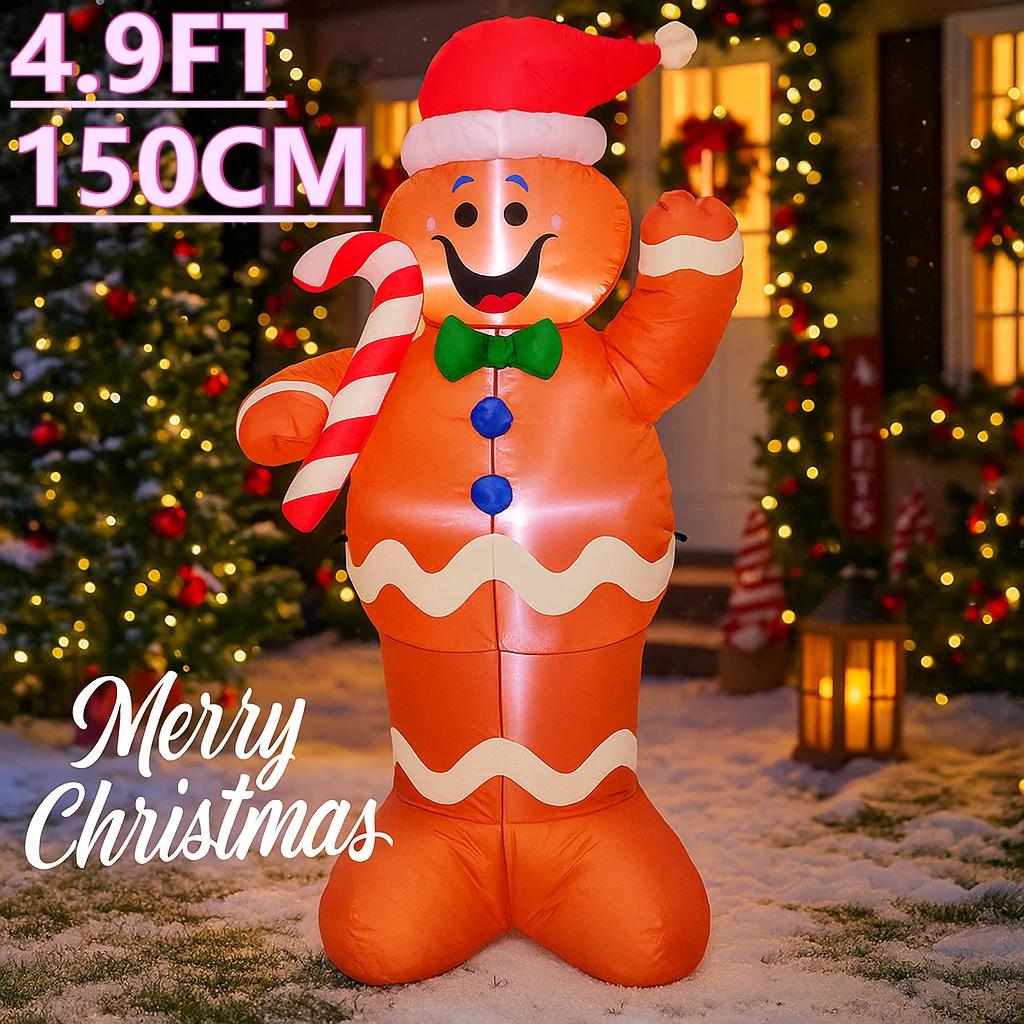 4.9FT LED Inflatable Xmas Yard Decor Gingerbread Man with Candy Cane Outdoor Lawn Garden Supplies Home Decor Ornaments Toy Gifts