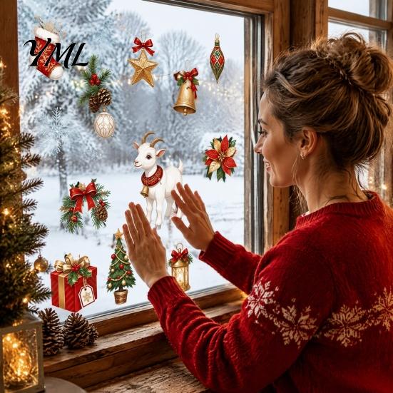 Holiday Atmosphere Decor Christmas Lamb Static Glass Stickers, Reusable PVC Window Cling, Decorations Decals with Bells Snowflakes Tree And Gifts for