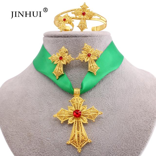 Эфиопский позолоченный крест, ювелирные наборы, кулон, ожерелье, серьги, кольцо, Дубай, подарки для женщин, свадебный комплект из Эритреи