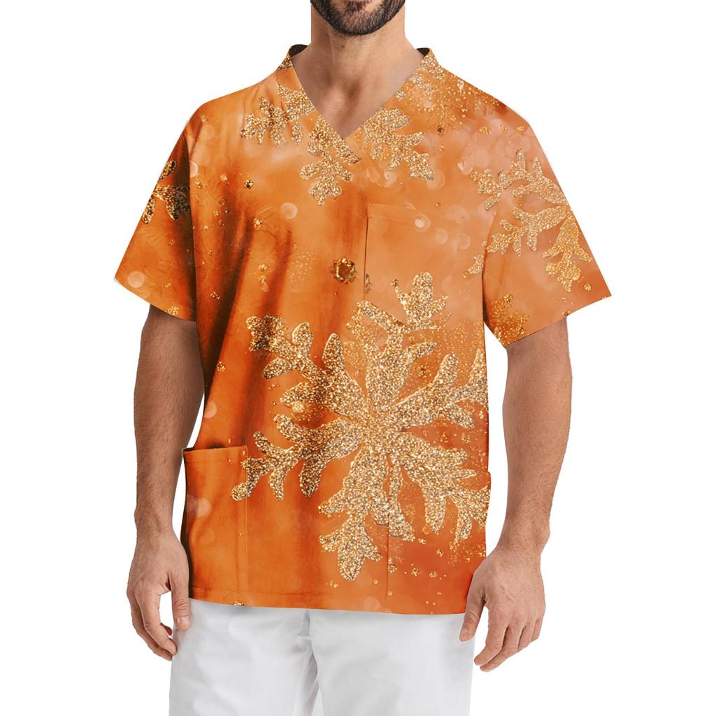 Мужская рабочая блузка с короткими рукавами и v-образным вырезом с принтом, топ с нагрудным карманом