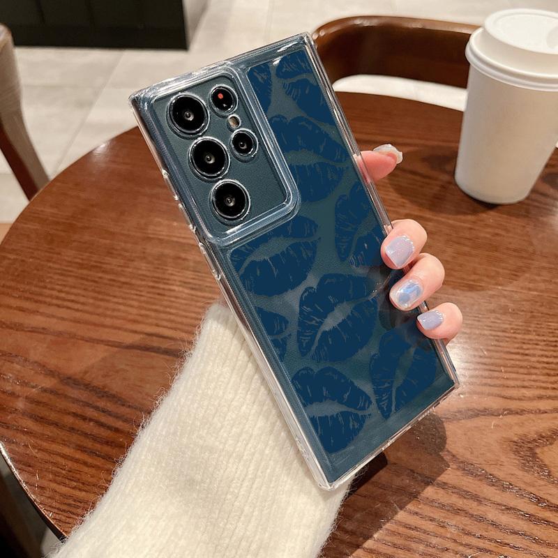 Противоударный силиконовый чехол для телефона Samsung S24 S23 Ultra S22 S21 Plus S20 FE A55 A54 A53 A52 A35 A34 A14, мягкий прозрачный чехол с цветным рисунком губ