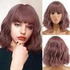 Short Wavy Wigs for Black Women African American Synthetic Pink Hair Purple Wigs with Bangs Heat Resistant Cosplay Wig
