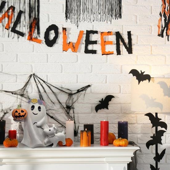 Привидение Выгуливающая Собаку Хэллоуин Декор Жуткая Фигурка Собаки-Привидения Смола Милая Статуэтка Привидения с Тыквой для Хэллоуина Домашний Декор Книжная Полка Столешница