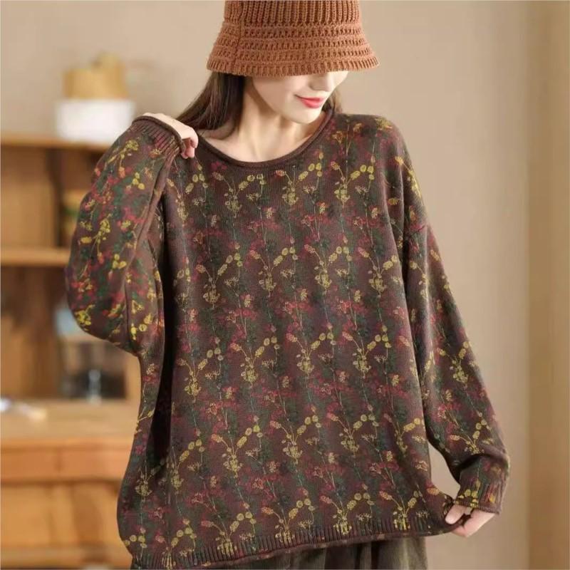 Johnature Нишевая футболка с цветочным принтом, модная, индивидуальная, винтажная, с круглым вырезом, с длинными рукавами, в китайском стиле, свободная, повседневная футболка